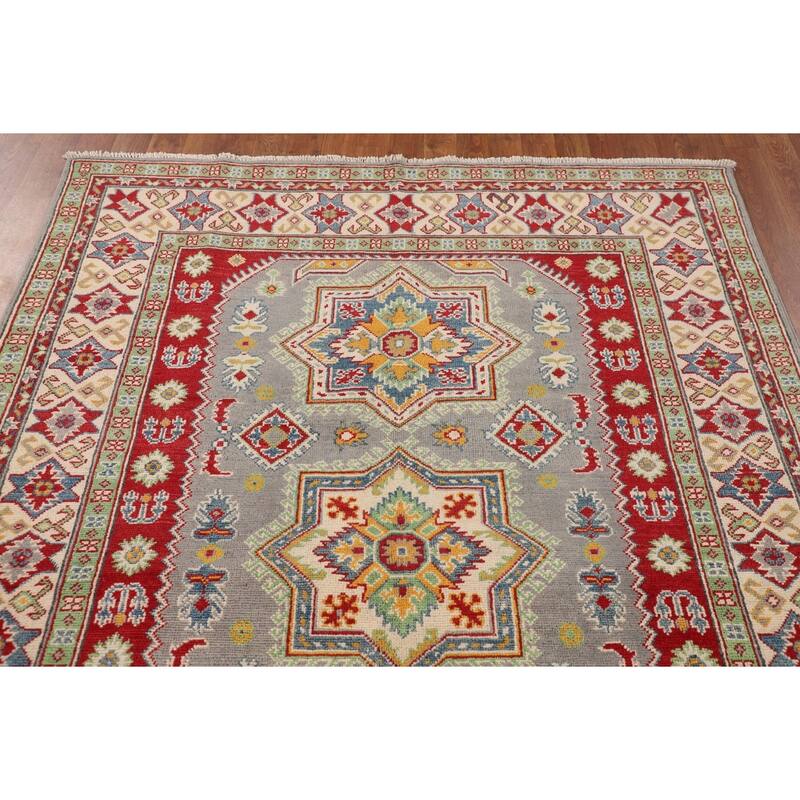 Gray Geometric Kazak Rug Hand-Knotted Oriental Wool Carpet - 5'1" x 6'9"