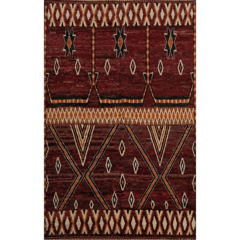 Hand Knotted Oriental 100% Wool Carpet Modern Tribal Red Moroccan Area Rug - 9' 8'' X 6' 10''