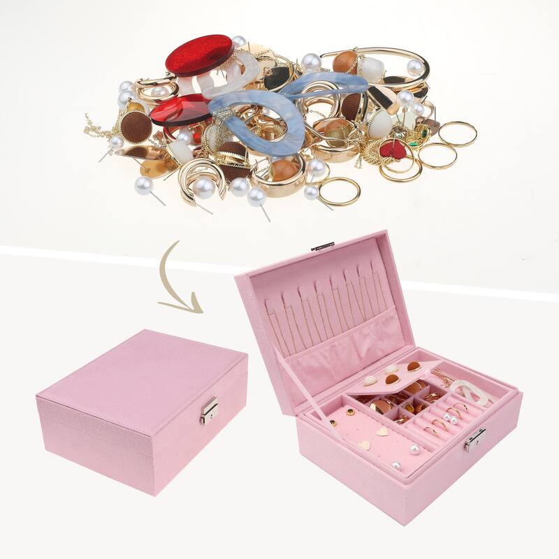 Velvet Jewelry Box Organizer for Women Girls, 2 Layer Jewelry Display Storage Holder Case for Necklace Earrings Rings - Pink - 23x17x8.5cm
