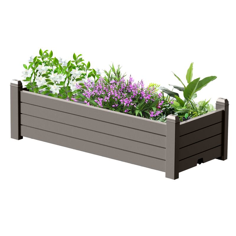 Outdoor Rectangle Planter Box, Low Height Resin Garden Bed with Wood Fence Style Design - Brown