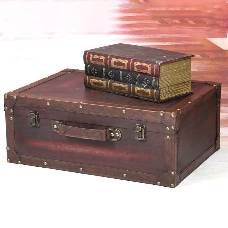 Vintiquewise Cherry Wooden Vintage-style Suitcase with Leather Trim - Exact Color