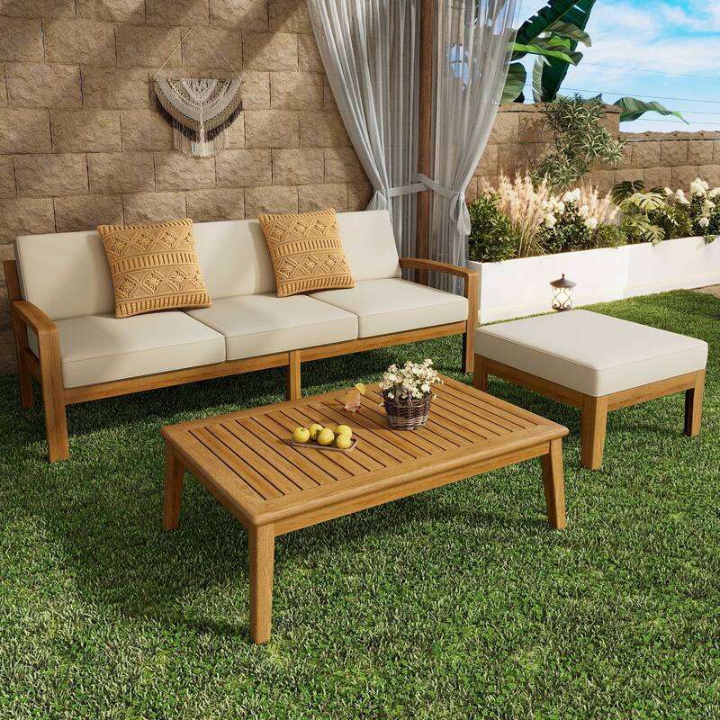L Shaped 3 Piece Acacia Wood Sectional Patio Sofa Set with Ottoman and Coffee Table