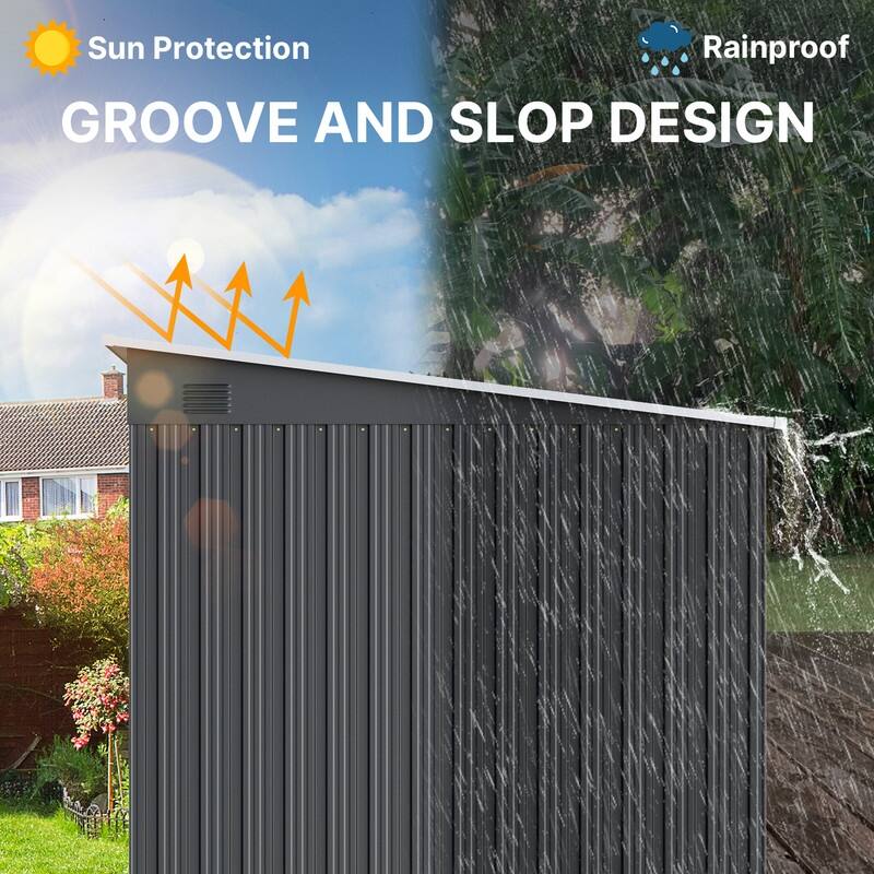 8' x 6' Outdoor Metal Storage Shed with Sliding Door, Multi-Functional Garden Shed with Glass Window and Anchor Bolts