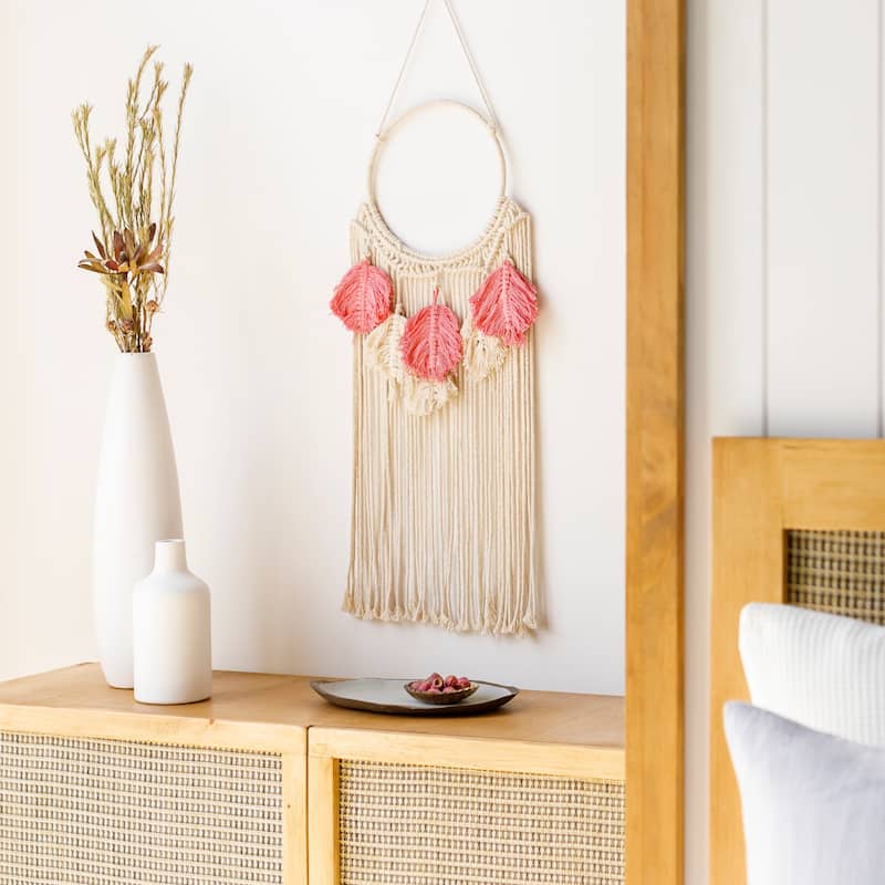 Bianka Fringe Leaf Wooden Hoop Wall Hanging - 32"H x 11"W - 32"H x 11"W - Ivory/Pink