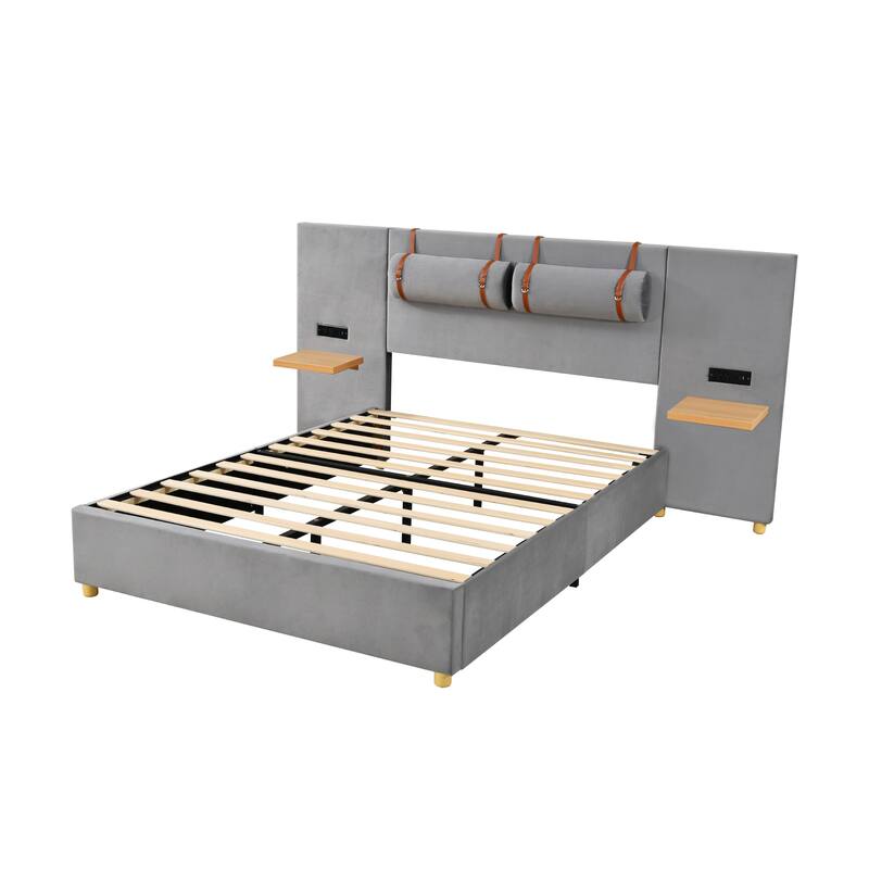 Full/ Queen Size Upholstered Platform Bed Frame with 2 USB Ports, Head Pillows and Side Storage Shelves