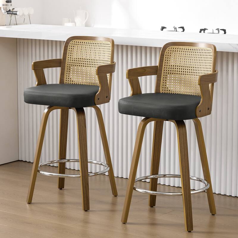 Upholstered Swivel Barstool with Arms and Bentwood Legs - 40.8"H x 18.9"W x 19.5"D/19.3"D