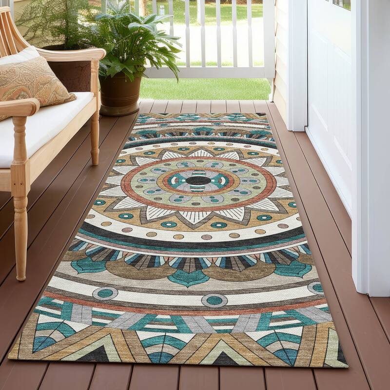 Machine Washable Indoor/ Outdoor Boho Mosaic Chantille Rug - Taupe - 2'3" x 7'6"