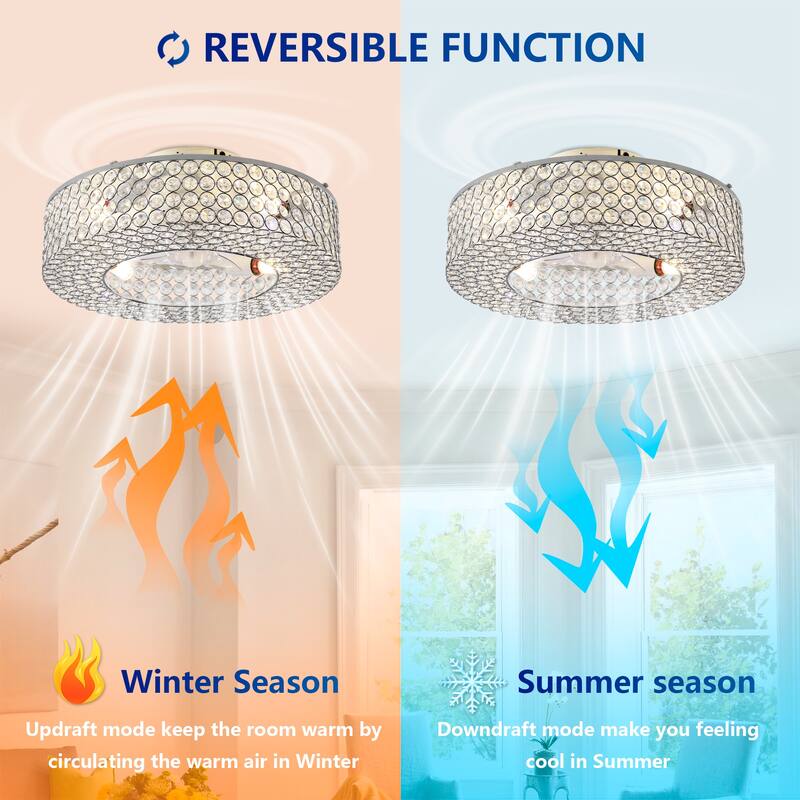 19.6'' Crystal Ceiling Fans with Remote, Flush Mount Ceiling Fan with Light, Chandelier Fan 6 Speed DC Motor Reversible