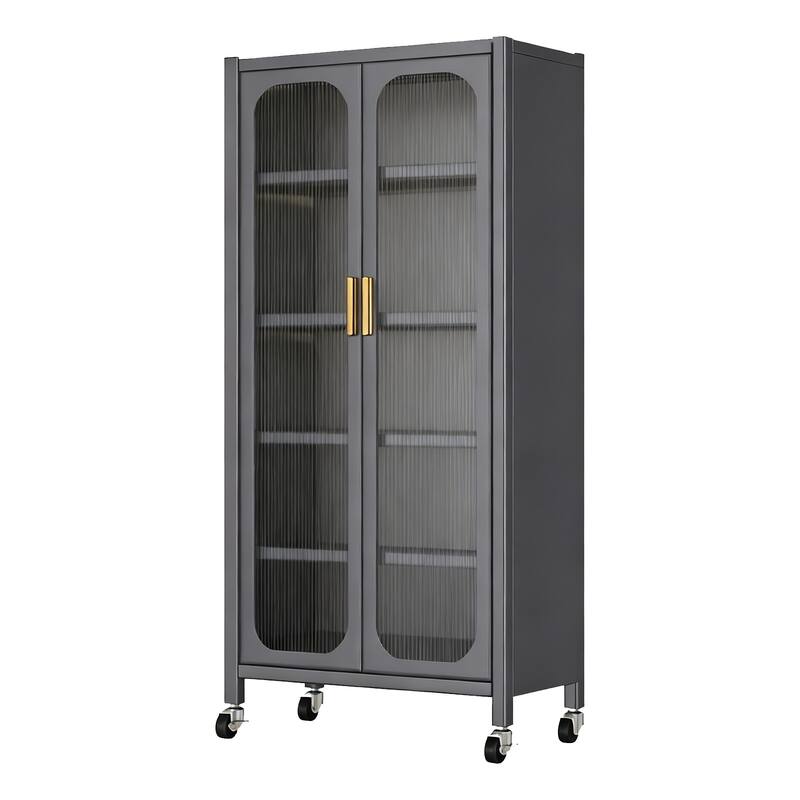 Anmytek 65" Gray Freestanding Kitchen Pantry Cabinet with Wheels, Adjustable Shelves and Transparent Doors