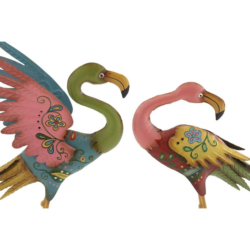 Multi Colored Metal Indoor Outdoor Embossed Standing Flamingo Decorative Garden Sculpture with Coiled U Shaped Feet (Set of 2)