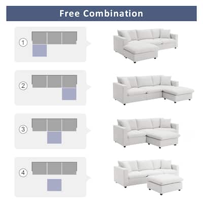 L-shaped Modern Sectional Sofa, 2 Free pillows,Polyester Fabric Couch Set,Ottoman,White