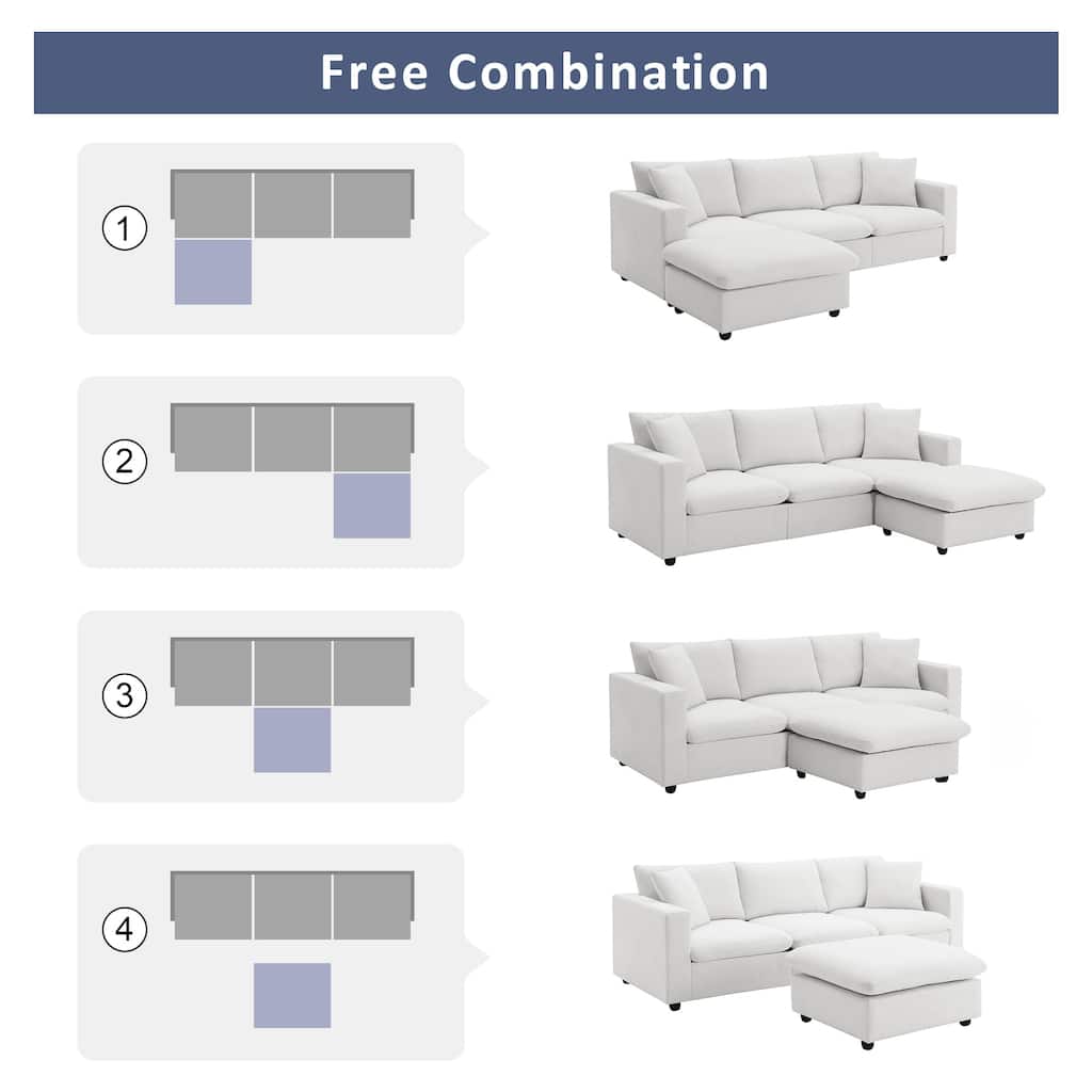 L-shaped Modern Sectional Sofa, 2 Free pillows,Polyester Fabric Couch Set,Ottoman,White