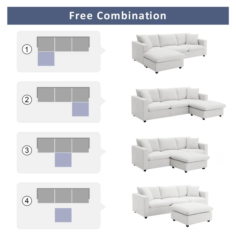 Modern Sectional Sofa, L-Shaped Couch Set with 2 Free pillows, 4-seat Polyester Fabric Sofa Couch with Convertible Ottoman