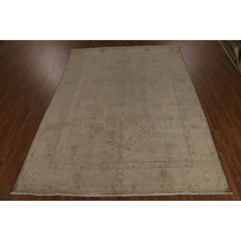 Tabriz Persian Vintage Area Medallion Beige Wool Carpet - 8'4" x 11'1"