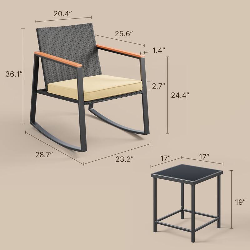 3 Pieces Rocking Patio Bistro Set with Anti-Scald Armrest, Outdoor Patio Wicker Furniture Set with Glass Table and Cushion