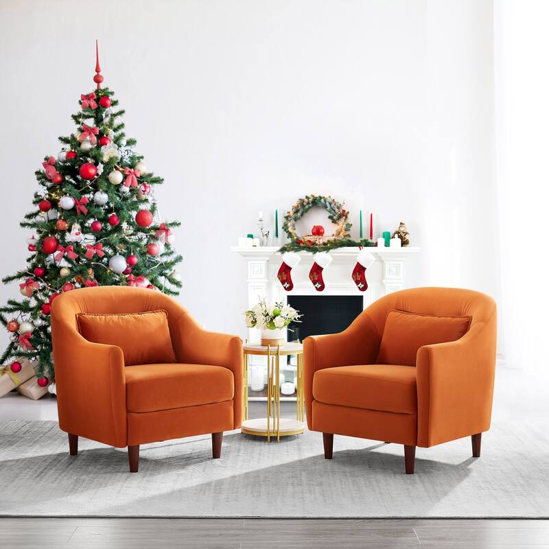 VANOMi 28.34''W Set Of 2 Accent Armchair, Velvet Barrel Chair with Solid Wood Legs