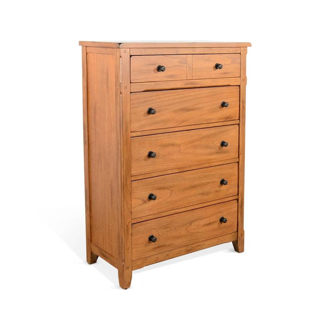 Senny Tall Dresser Chest with 5 Drawers, Brown Solid Mindi Wood