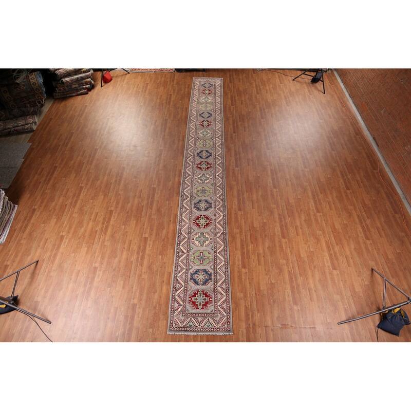 All-Over Gray Kazak Oriental Runner Rug Hand-Knotted Wool Carpet - 2'8" x 20'0"