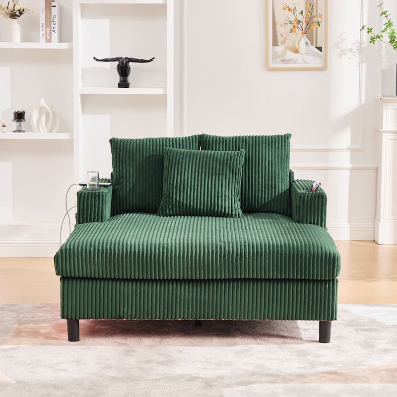 Modern Corduroy Oversized Recliner Sofa with Deep Seat, 3 Pillows, USB Charging, RGB LED Light Strip, Cup Holder, Side Pocket