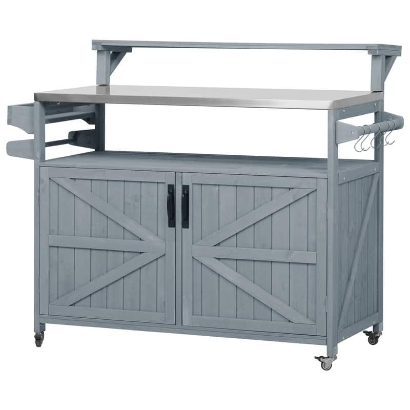 Outdoor Kitchen Island, Solid Wood Storage Cabinet with Stainless Steel Top and Lockable Wheels