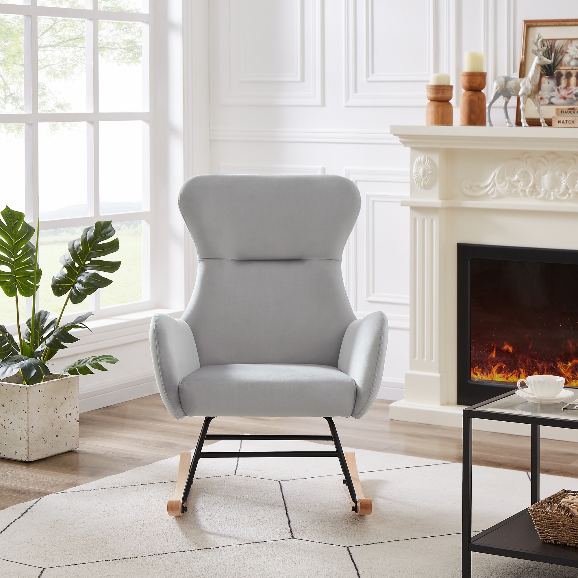 Grey velvet rocking chair for Living Room and Bedroom