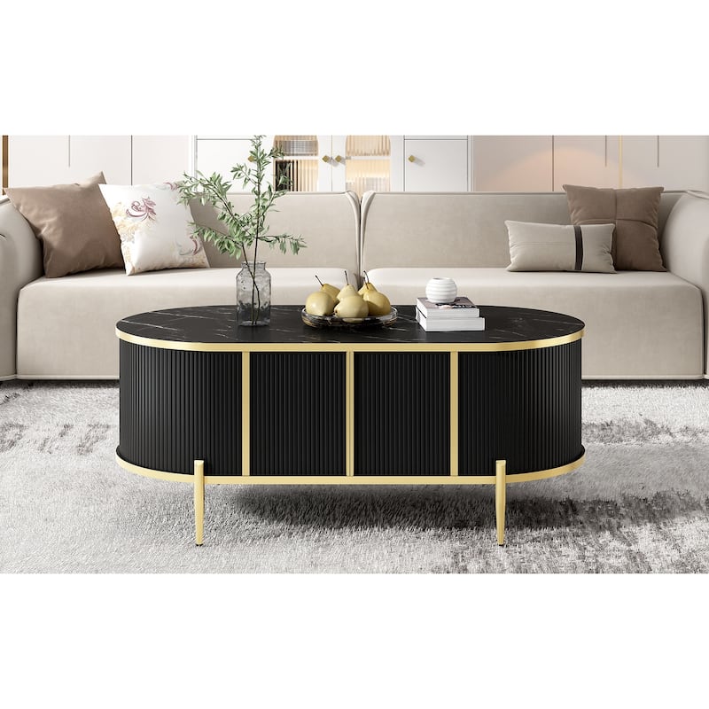 47.2" Modern Oval Coffee Table with Marble-patterned Top and 2 Cabinets