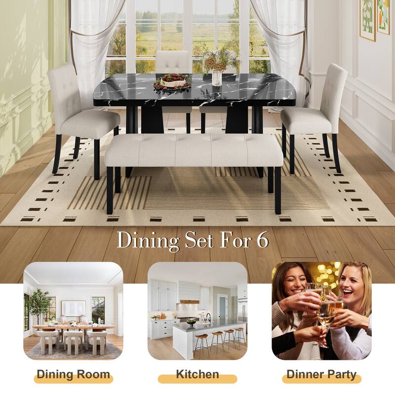 6 Piece Modern Dining Table Set, 63" Faux Marble Dining Table with Geometric Legs & 4 Upholstered Chairs & 1 Bench