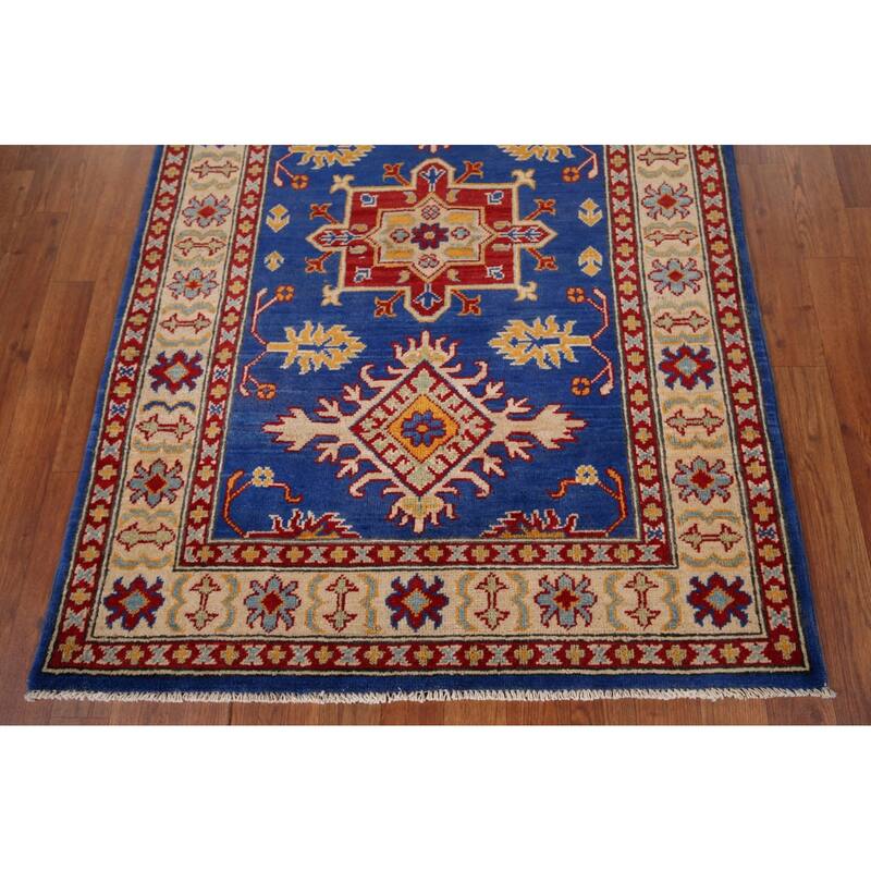 Blue Geometric Kazak Accent Rug Hand-Knotted Oriental Wool Carpet - 3'5" x 4'11"