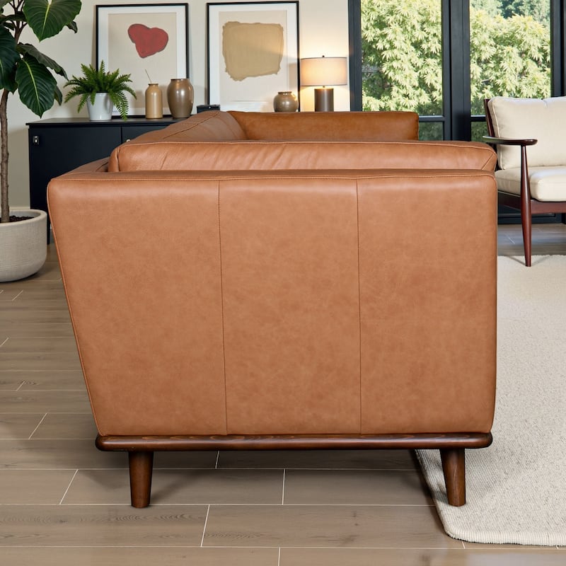 Madison Mid-Century Modern Top Grain Leather Sofa with Walnut-Finished Base