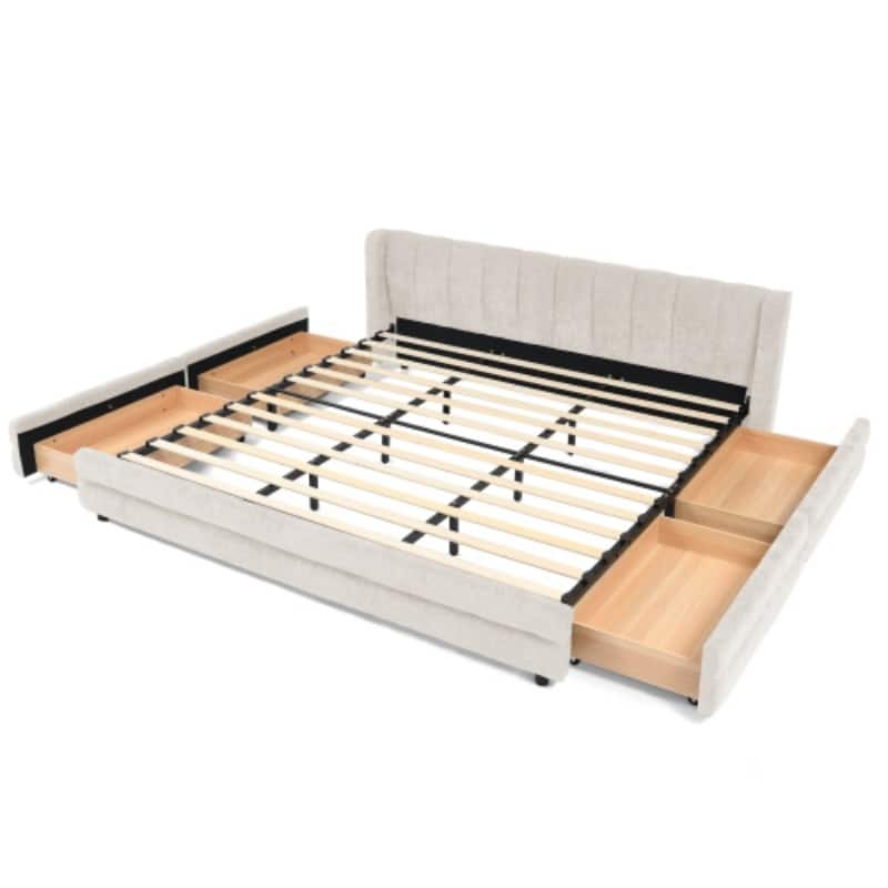 King Upholstered Bed Frame with Storage Drawer, Thick Padded Headboard & Solid Frame in Chenille Fabric