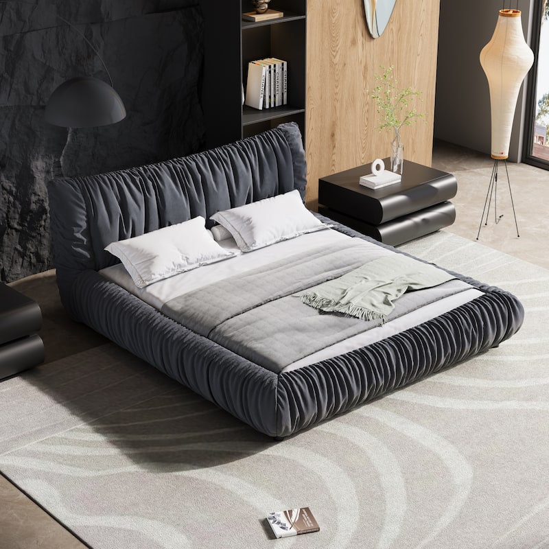 King Size Upholstered Platform Bed with Removable Cushions, Solid Pine Wood Frame, Adjustable Mattress Heights