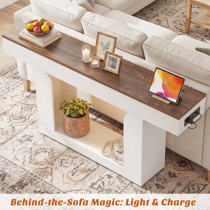 63'' W Farmhouse Console Table with Chaging Station, Thick Sofa/ Entryway Table with Storage Shlef