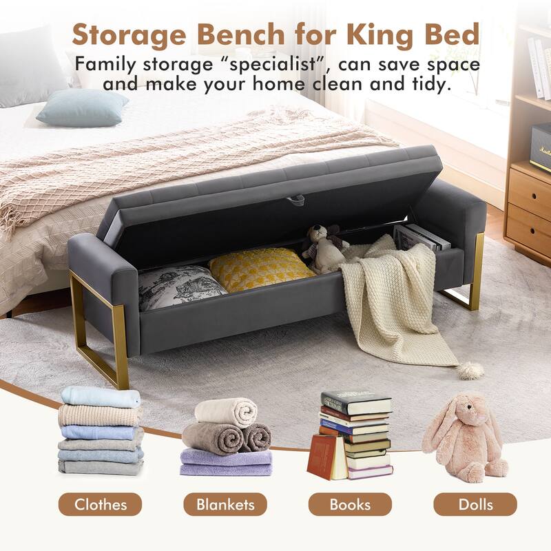 66" Storage Bench for Bedroom End of Bed with Double Lids and Gold Legs