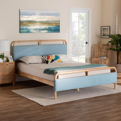 Mateo Modern and Contemporary Baby Blue Fabric and Natural Wood Queen Size Platform Bed