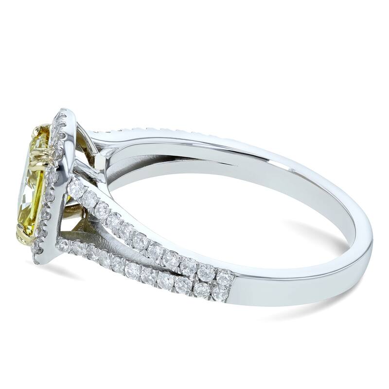 Kobelli 1.62 Carat Fancy Vivid Yellow Diamond GIA Certified 18k Solid Gold Cushion Halo Split Shank Judith Ring