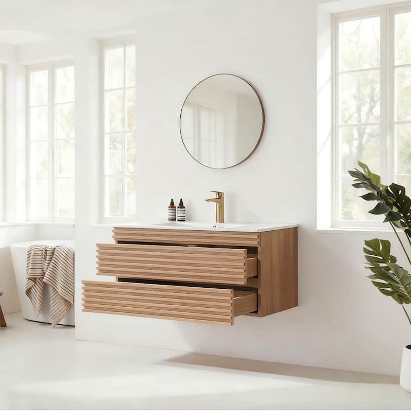 Modland 36" Wall Mount Bathroom Vanity with Ceramic Sink - 2 Soft-Close Drawers,Silk Mist Oak - 36 inch