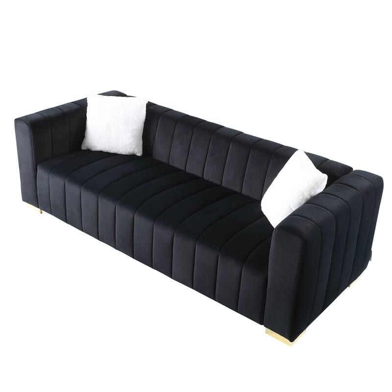 Velvet Channel Tufted 3-seater Sofa with Pillows