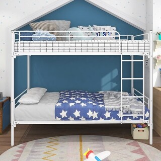 White Twin over Twin Metal Bunk Bed, Frame with Ladder, Space-Saving Design for Bedroom