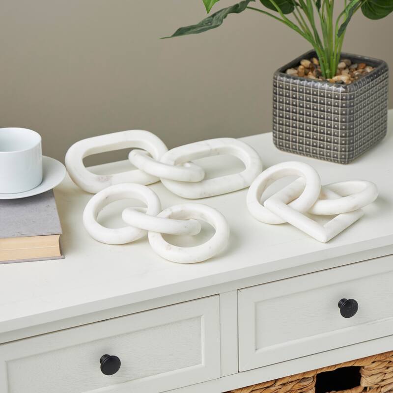 Marble Geometric 3 Link Chain Sculpture with Various Shapes (Set of 3) - Black, White, Gray - White