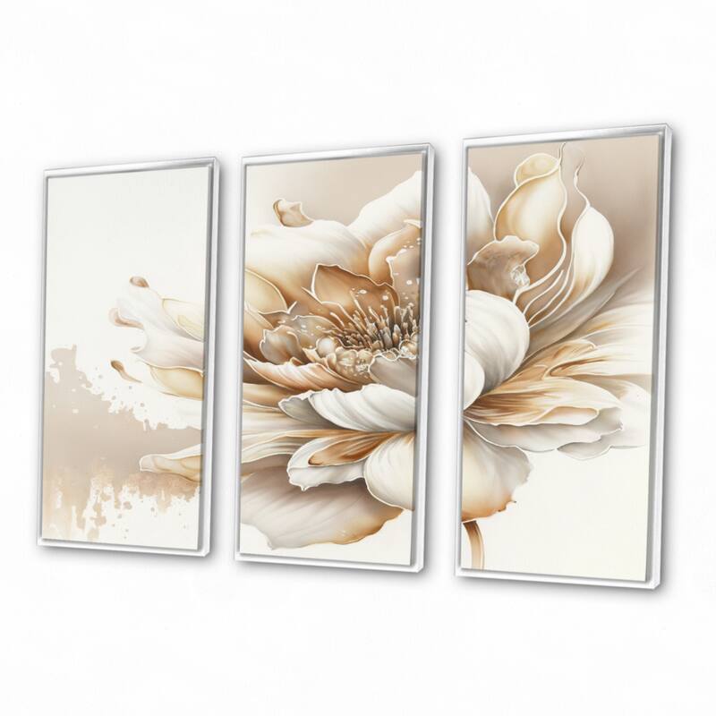 Designart "Blooming Beige Floral Design I" Floral Framed Canvas Art Print - 3 Panels
