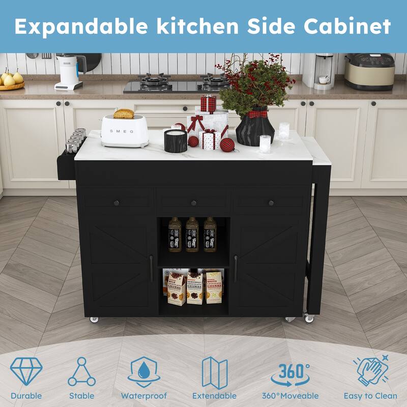 75" Kitchen Island with Extendable Table & Power Outlet - Rolling Storage Cart with Marble Top & Cabinet for Dining Room