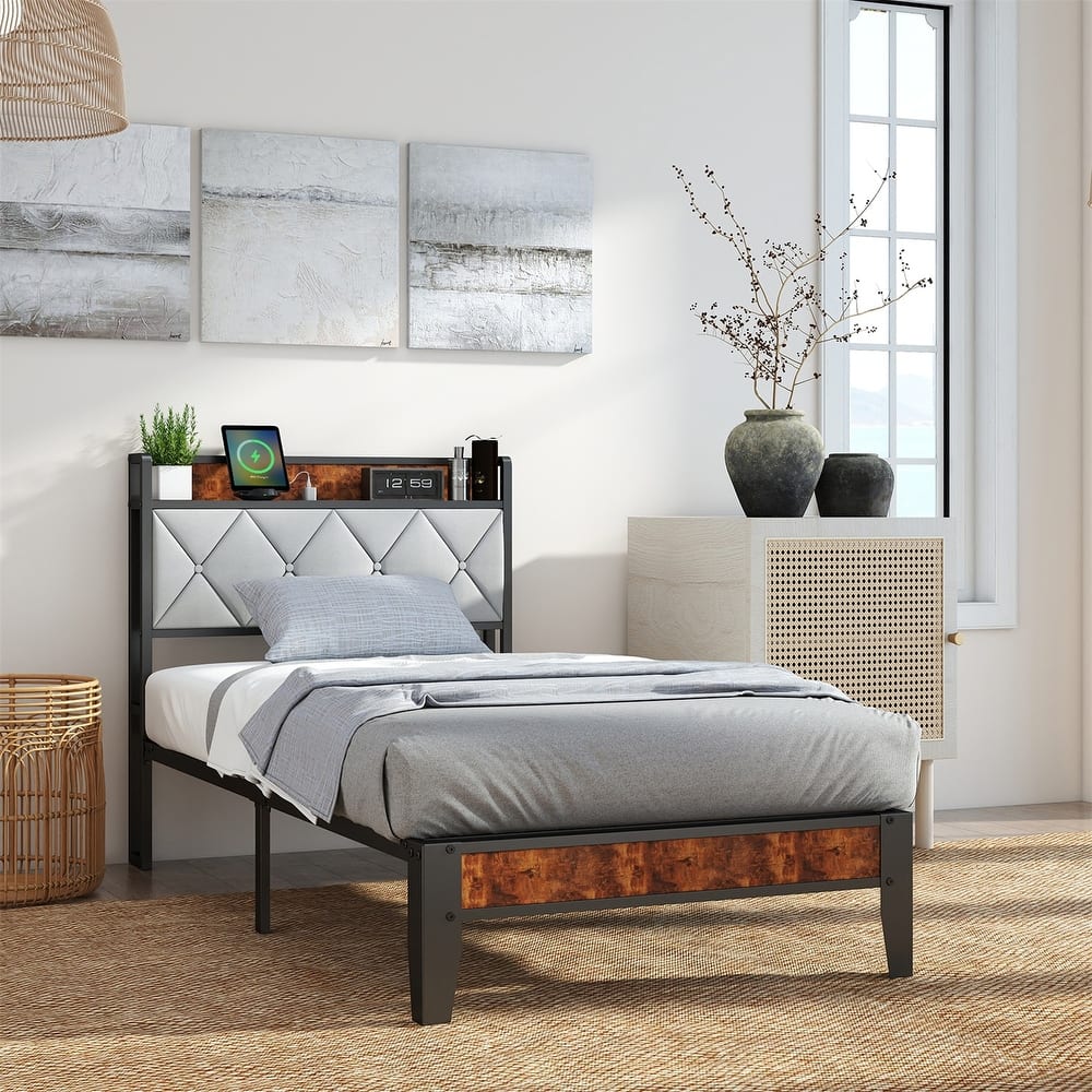 King Size Bed Frame with Charging Station and Storage Shelf, Metal Platform Bed with Headboard, No Box Spring Needed