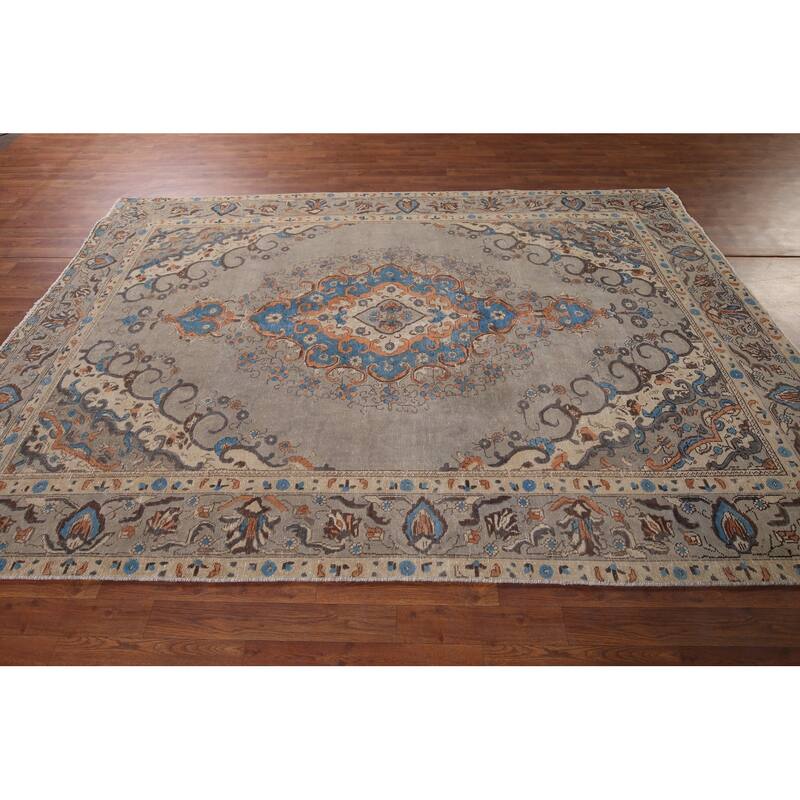 Distressed Tabriz Vintage Persian Rug Hand-Knotted Grey Wool Carpet - 6'6" x 9'7"
