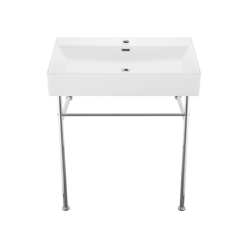 Reims 30 Ceramic Console Sink White Basin Chrome Legs - 29.5" x 16.55" 35.45"