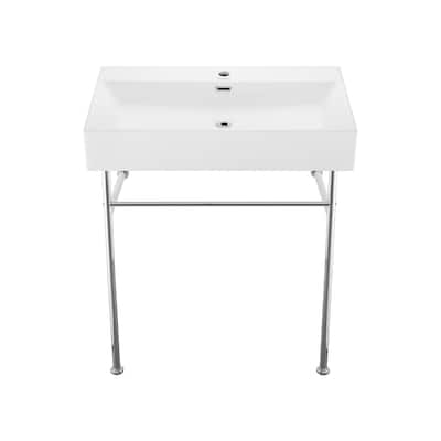 Reims 30 Ceramic Console Sink White Basin Chrome Legs - 29.5" x 16.55" 35.45"