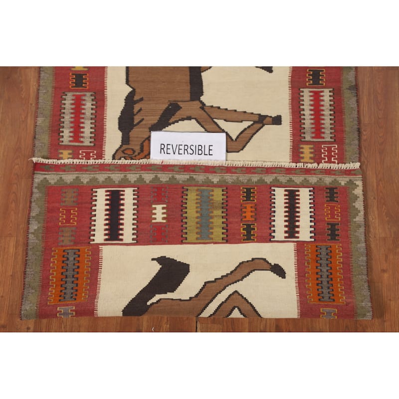 Ivory / Beige Kilim Qashqai Persian Vintage Rug Flatweave Wool Carpet - 3'7" x 6'6"