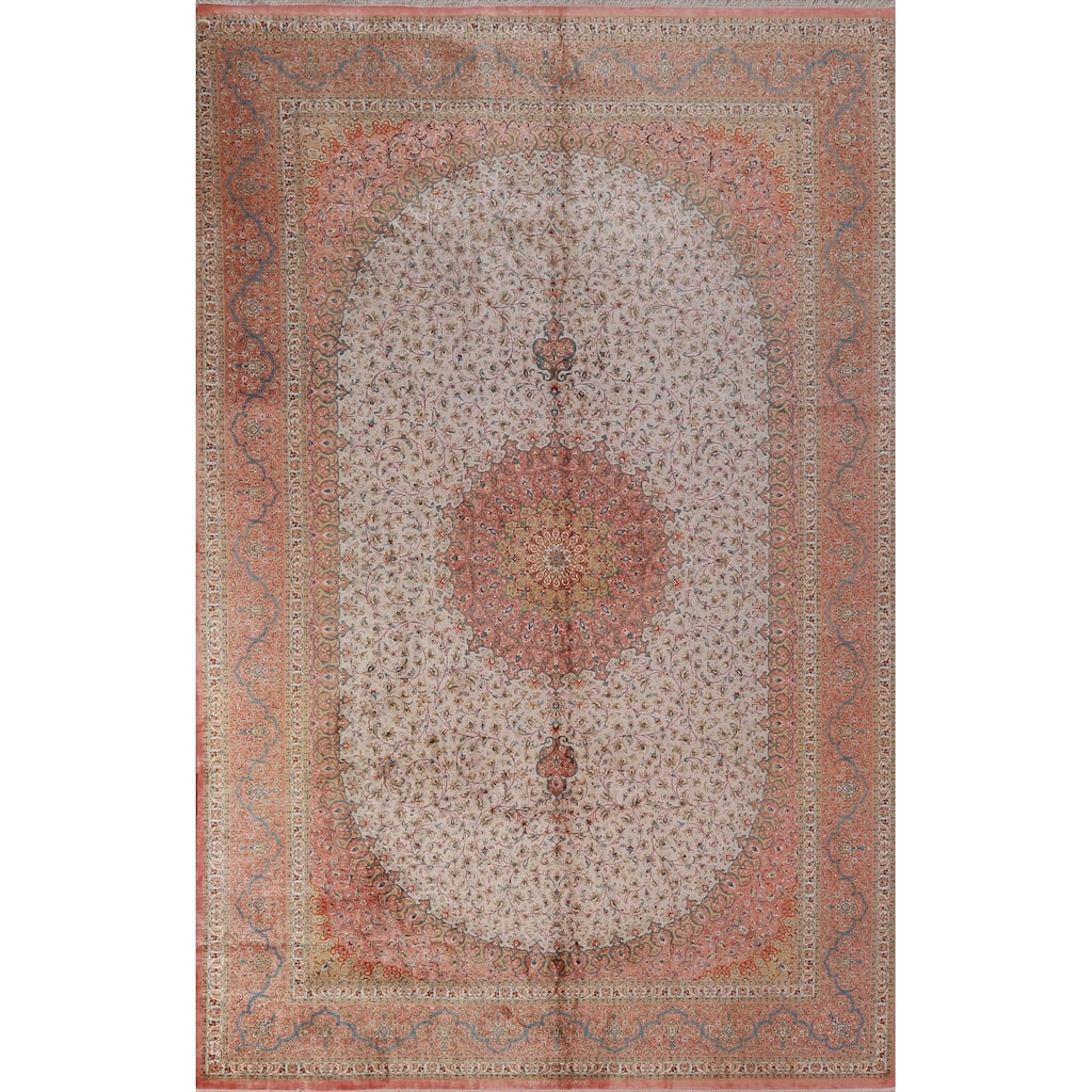 Hand Knotted Oriental 100% Silk Carpet Traditional Floral Beige & Ivories Qum Area Rug - 9' 11'' X 6' 5''