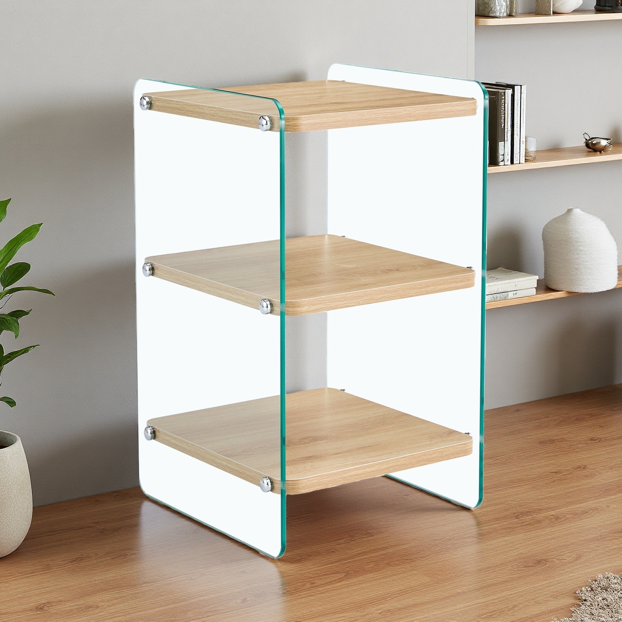 14"L 3-Layer MDF & Tempered Glass Nightstand, Wooden Sticker Finish, Storage Cabinet