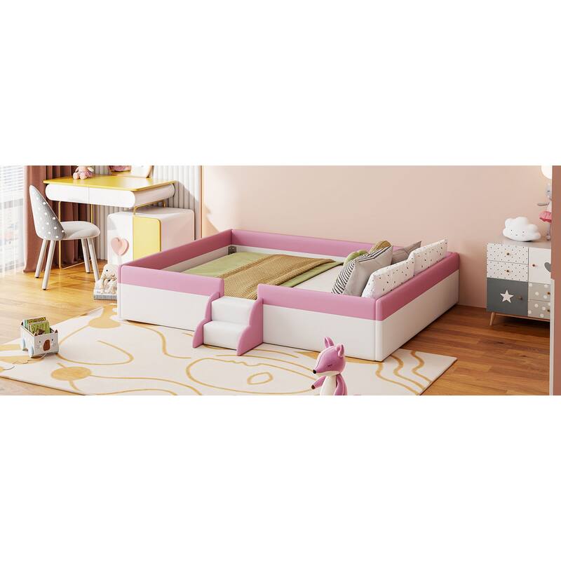 Roomfitters Twin/Full/Queen/King Size Upholstered Daybed Frame with Safety Fence and Stairs, PU Fabric Platform Bed with Slats