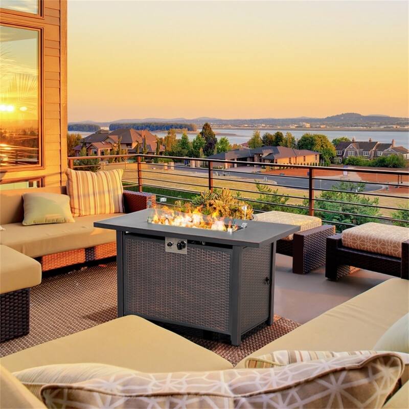 43 Inch Bronze Propane Fire Pit Table with 50000 BTU Burner Glass Wind Guard Lid Blue Fire Glass - 43" L x 22" W x 24.75" H